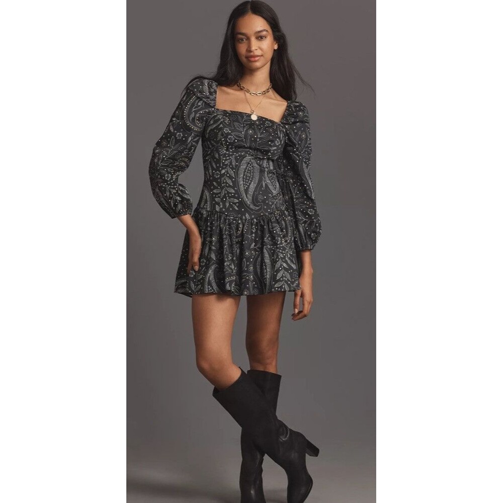 Anthropologie Maeve Long Sleeve Square Neck Drop Waist Mini Dress Black Sz Md